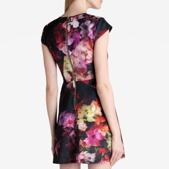 Ted Baker Pink Embla Cascading Floral Skater Dress Ted Size 1 Black Cap Sleeve - Picture 5 of 14